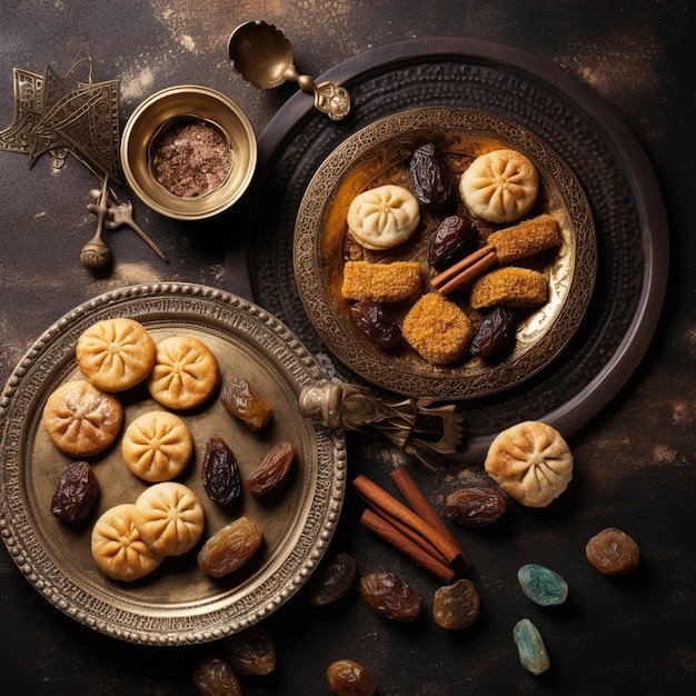 A plate of food with a cup of coffee and a plate of cookies.