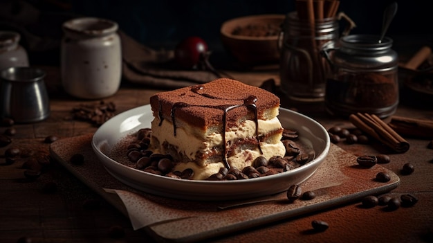 A plate of food with a dessert on it and a cup of coffee on the table.