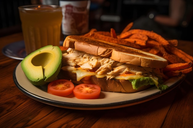 A plate of food with a drink in the background