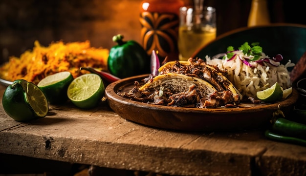 A plate of food with a drink and a bottle of mexican food