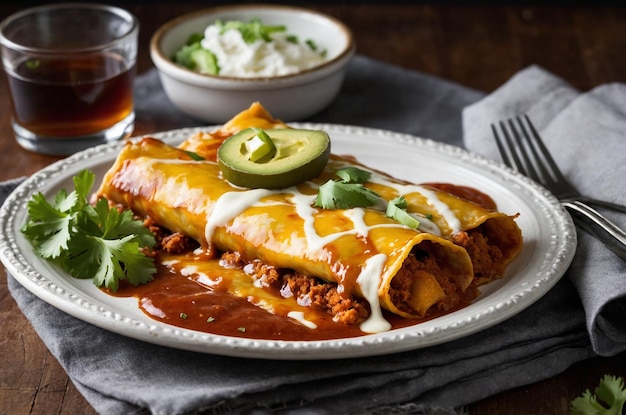 Photo a plate of food with a drink and a fork next to it