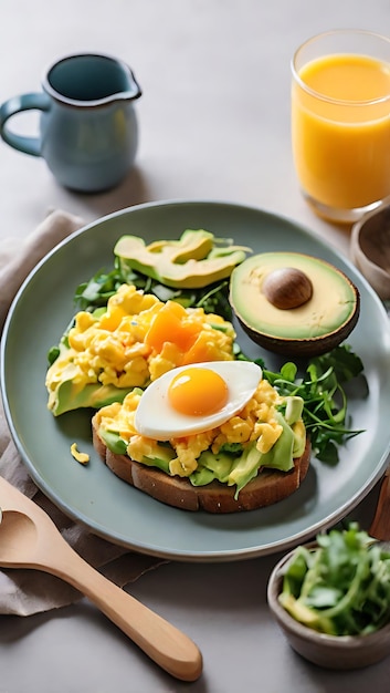 a plate of food with an egg and avocado on it