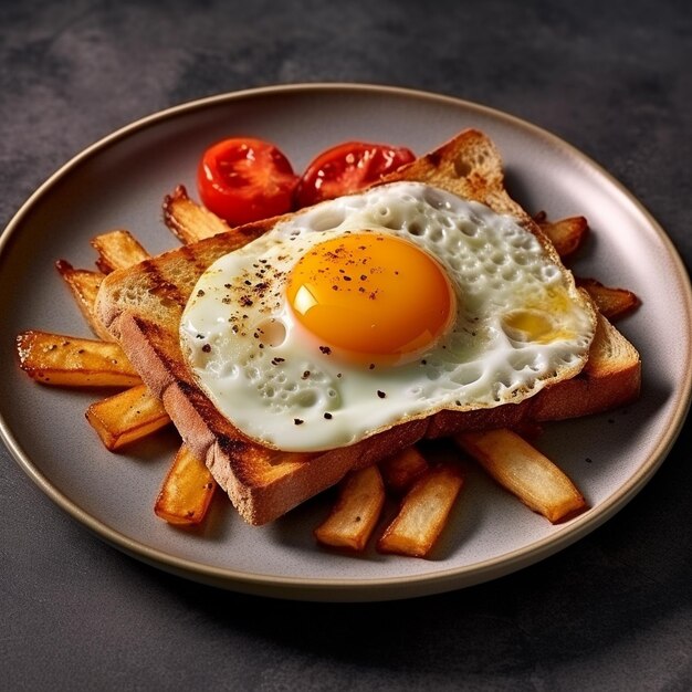 Photo a plate of food with an egg and french fries on it