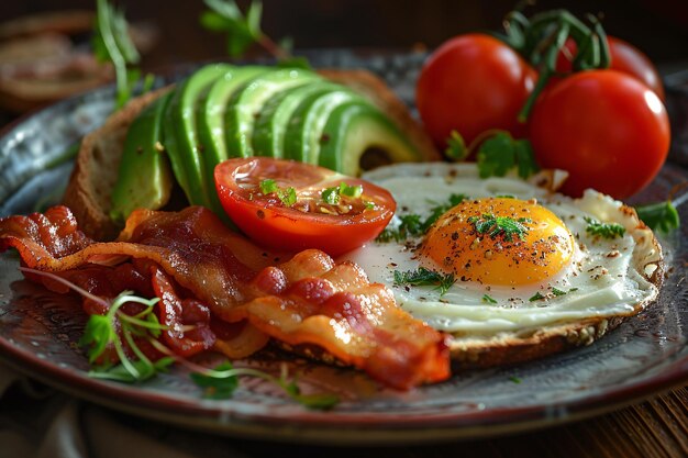 Photo a plate of food with eggs bacon and avocado