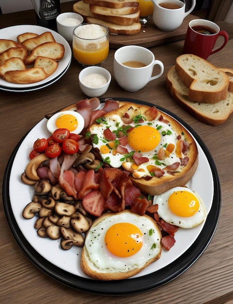 a plate of food with eggs bacon and eggs on it