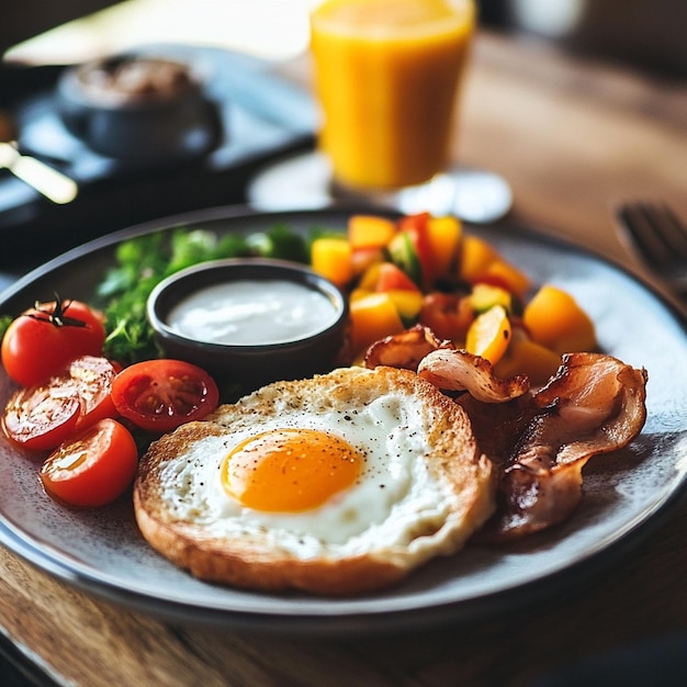 a plate of food with eggs bacon and eggs