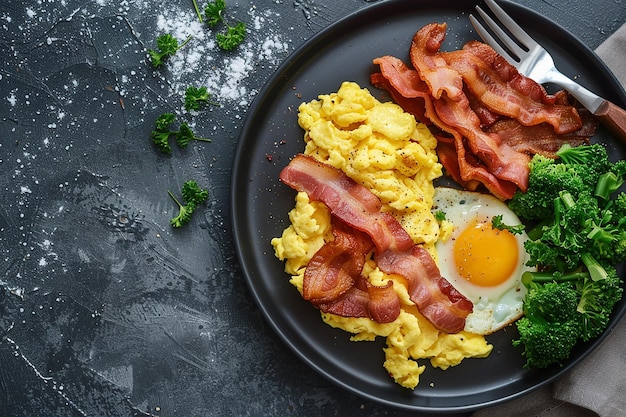 Photo a plate of food with eggs bacon and eggs