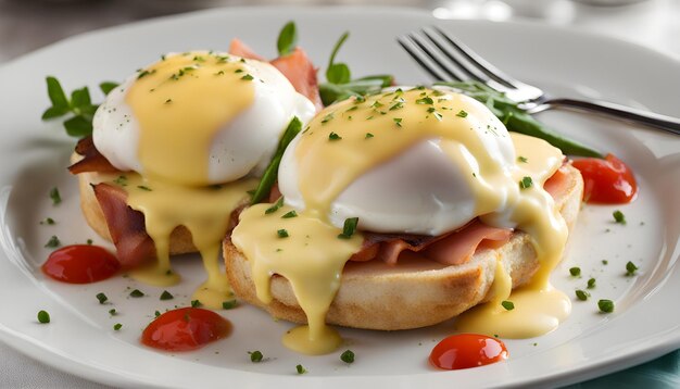 a plate of food with eggs and ham on it