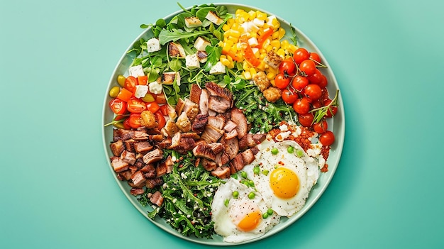 Photo a plate of food with eggs meat and vegetables on it