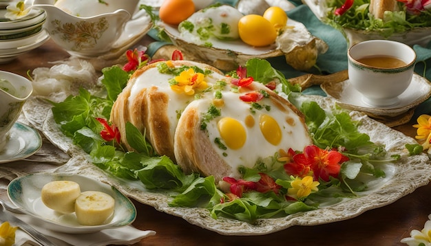 a plate of food with eggs and a plate of food with a cup of coffee