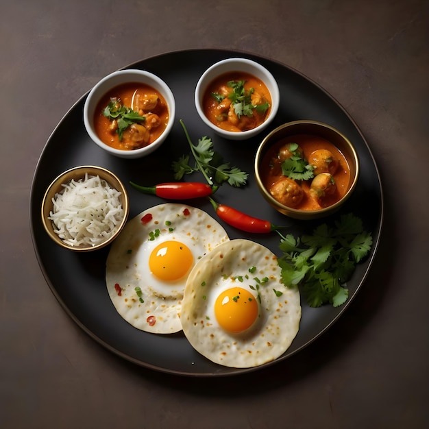 a plate of food with eggs rice and vegetables