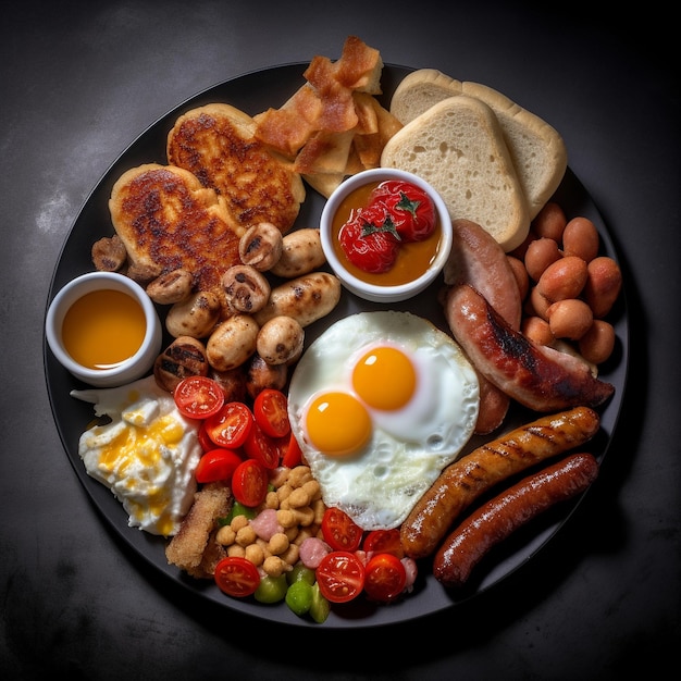 a plate of food with eggs sausage and sausages