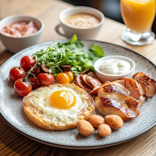 a plate of food with eggs sausage and tomatoes on it