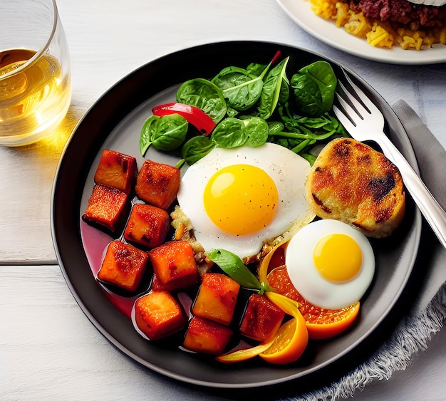 A plate of food with eggs and spinach