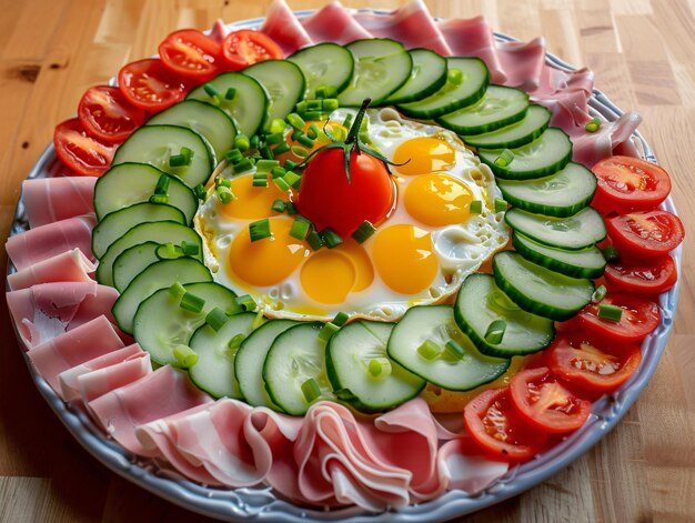 a plate of food with eggs tomatoes and cucumbers