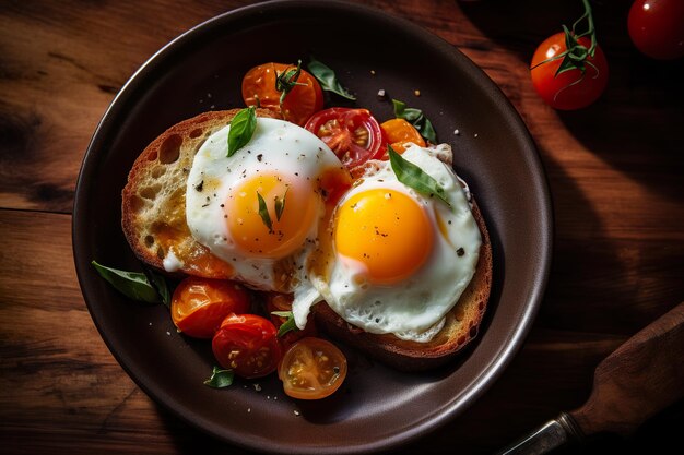 A plate of food with eggs and tomatoes Generative AI image