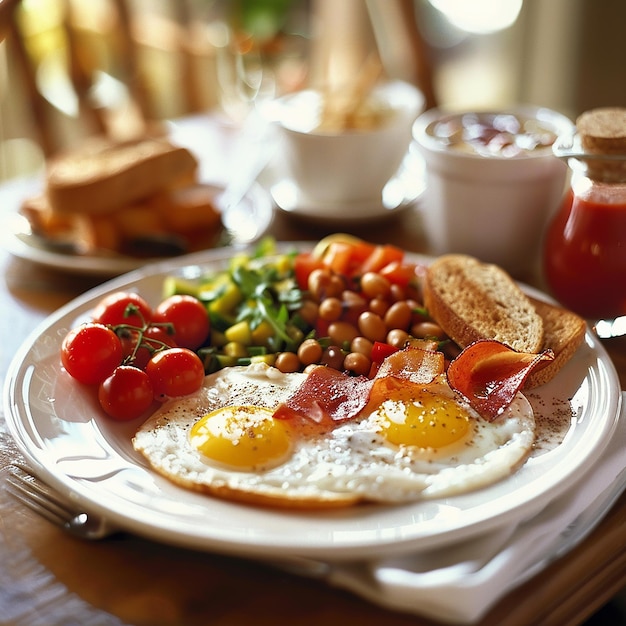 Photo a plate of food with eggs tomatoes and toast