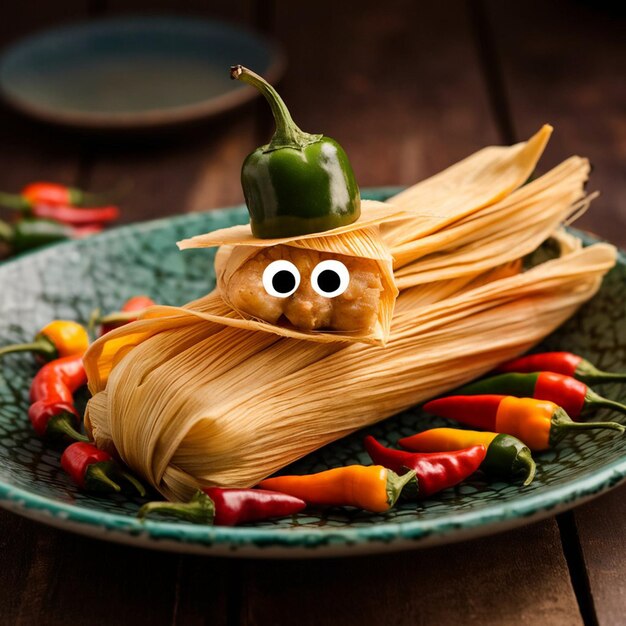 a plate of food with a face on it and a face on the plate