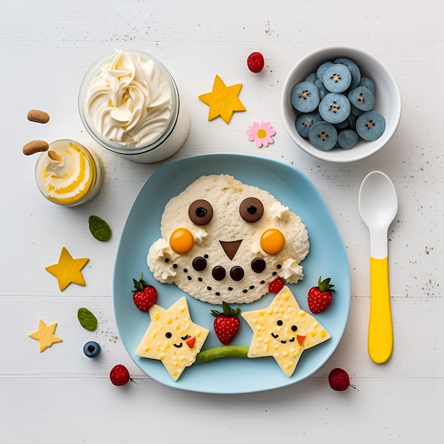 A plate of food with a face made of strawberries and blueberries.