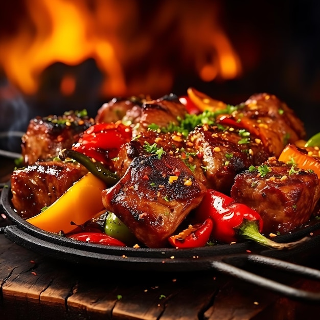 A plate of food with a fire in the background