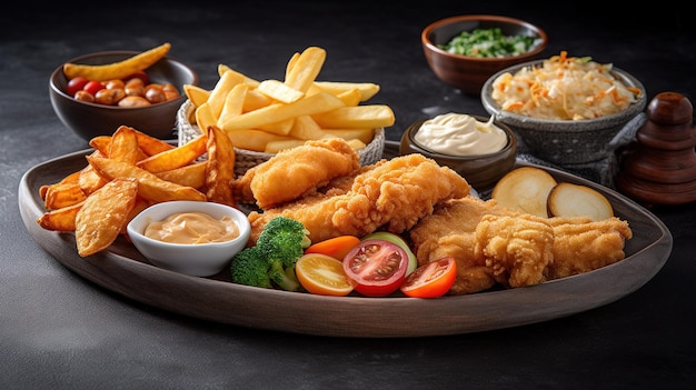 A plate of food with fish and chips and a side of ketchup