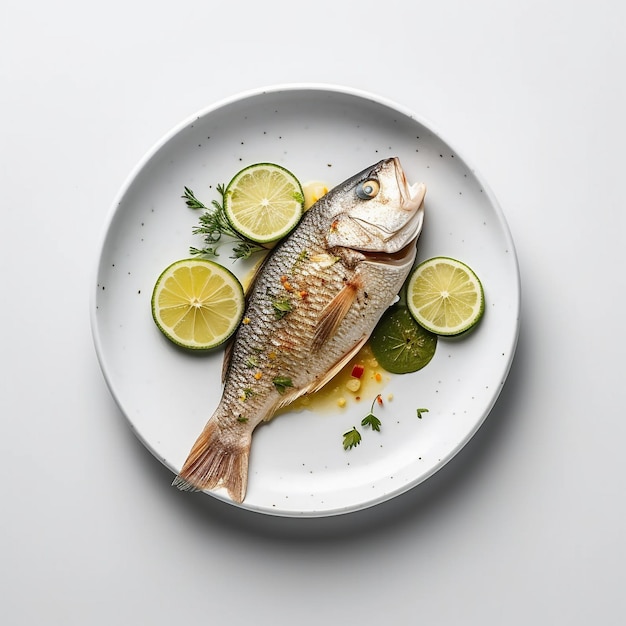 A plate of food with a fish on it and limes on the side.