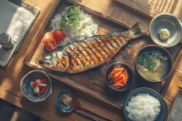 a plate of food with a fish and rice and a bowl of rice