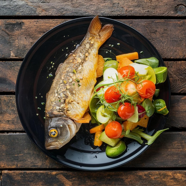 Photo a plate of food with a fish and vegetables on it