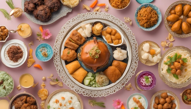 a plate of food with a flower design on the bottom