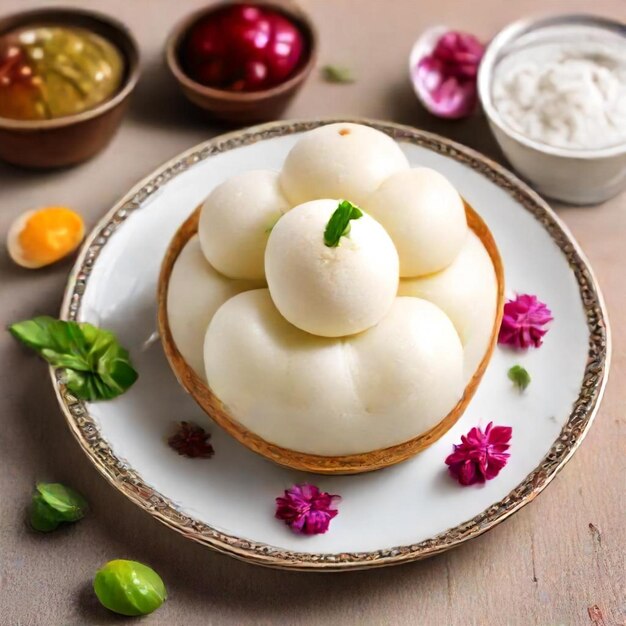 a plate of food with a flower on it