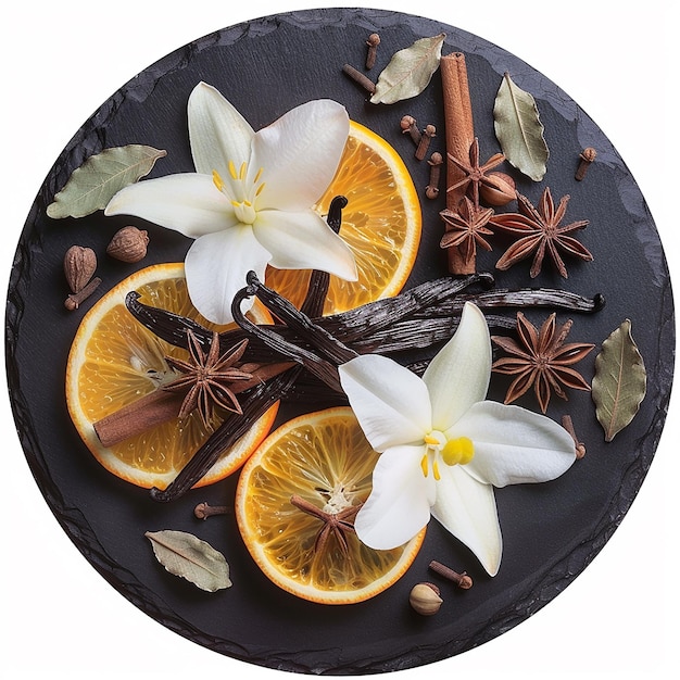 a plate of food with flowers and oranges on it