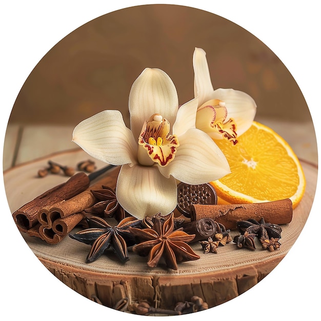 a plate of food with flowers and oranges on it