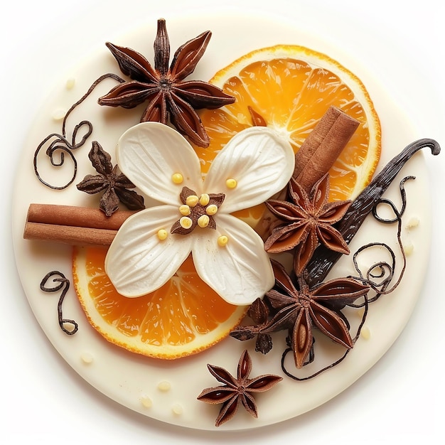 a plate of food with flowers and oranges on it