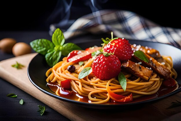 a plate of food with food and strawberries on it