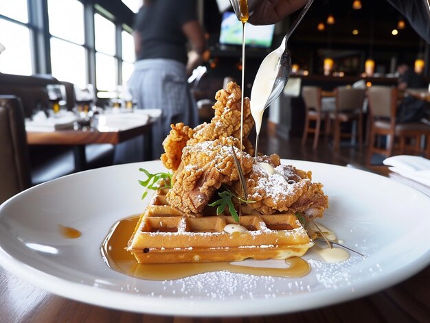 Photo a plate of food with a fork being poured into a bowl of food