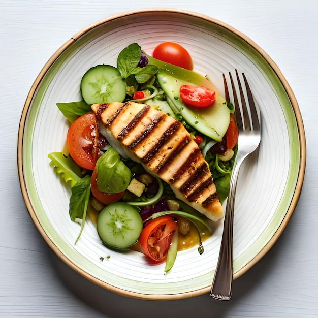 A plate of food with a fork and a plate of grilled chicken salad.