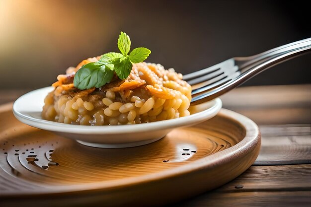 Photo a plate of food with a fork and a plate of pasta with a fork.