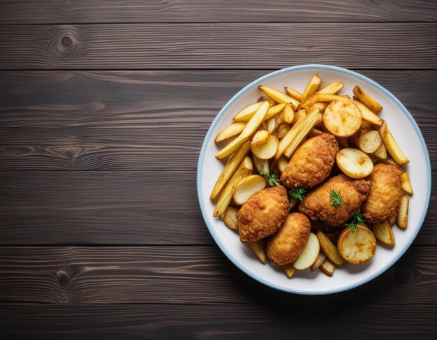 Photo a plate of food with french fries and french fries on a wooden table