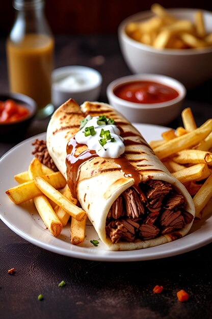 a plate of food with french fries and a sandwich with ketchup and ketchup