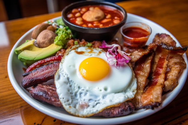 A plate of food with a fried egg and beans