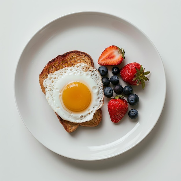 a plate of food with a fried egg and blueberries on it