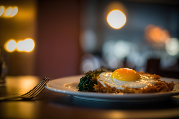 A plate of food with a fried egg on it