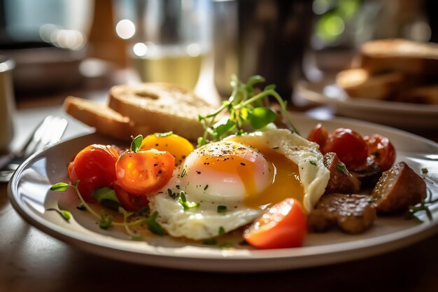 Plate of food with a fried egg and tomatoes