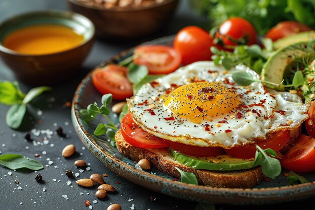 A plate of food with a fried egg on top of a slice of bread