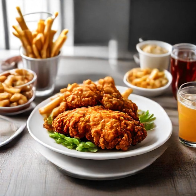 Photo a plate of food with fries and a glass of orange juice