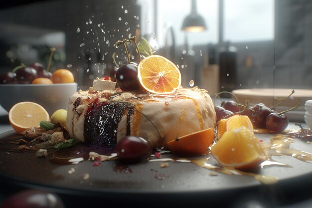 A plate of food with fruit and a fruit on it