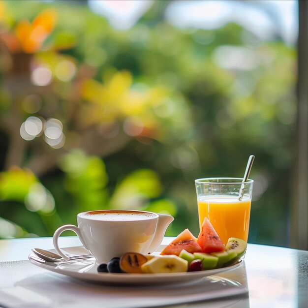 a plate of food with fruit and a glass of juice on it