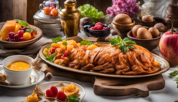 a plate of food with fruit and a plate of food on it