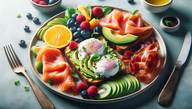 Photo a plate of food with fruit and vegetables on it brunch lunch breakfast