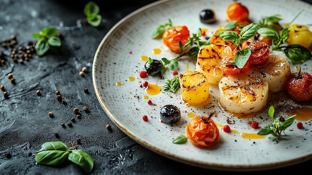 Photo a plate of food with a fruit and vegetables on it